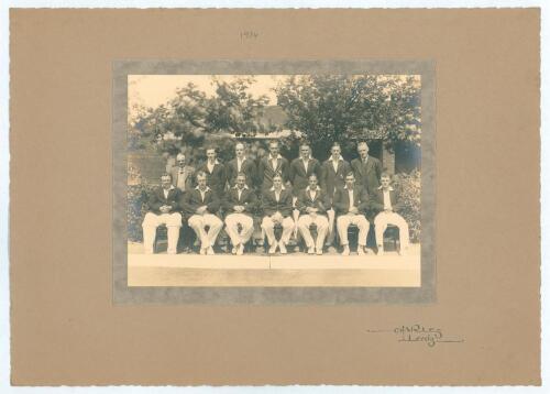&lsquo;Yorkshire County Cricket Team 1934&rsquo;. Excellent official mono photograph of the Yorkshire team seated and standing in rows wearing cricket attire and blazers. Players featured include Sellers (captain), Sutcliffe, Hutton, Leyland, Wood, Mitchell, Verity, 