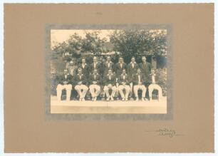 &lsquo;Yorkshire County Cricket Team 1934&rsquo;. Excellent official mono photograph of the Yorkshire team seated and standing in rows wearing cricket attire and blazers. Players featured include Sellers (captain), Sutcliffe, Hutton, Leyland, Wood, Mitchell, Verity, 