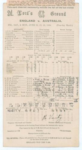 The Ashes. England v Australia 1934. &lsquo;Verity&rsquo;s Match&rsquo;. Official scorecard for the 2nd Test played at Lord&rsquo;s, 22nd- 25th June 1934. The scorecard with complete printed and neatly handwritten scores in pencil. England scored 440 in their only innings, Leyla