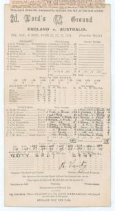 The Ashes. England v Australia 1934. &lsquo;Verity&rsquo;s Match&rsquo;. Official scorecard for the 2nd Test played at Lord&rsquo;s, 22nd- 25th June 1934. The scorecard with complete printed and neatly handwritten scores in pencil. England scored 440 in their only innings, Leyla