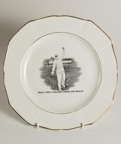 Hedley Verity, Yorkshire & England. Unusual commemorative ceramic plate for &lsquo;Hedley Verity, England&rsquo;s Famous Spin Bowler&rsquo; with transfer printed vignette of Verity in bowling pose and title to face. Gold lustre to inner and outer rim. To verso, a transfer 