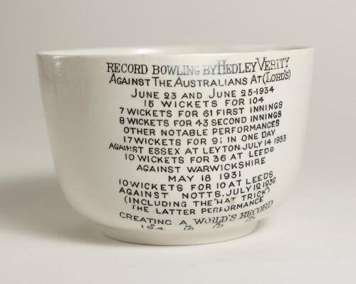Hedley Verity, Yorkshire & England. Unusual commemorative ceramic bowl for &lsquo;Hedley Verity, England&rsquo;s Famous Spin Bowler&rsquo; with transfer printed vignette of Verity in bowling pose and title to face. Gold lustre to inner and outer rim. To verso, a transfer p