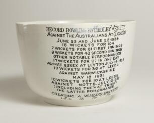 Hedley Verity, Yorkshire & England. Unusual commemorative ceramic bowl for &lsquo;Hedley Verity, England&rsquo;s Famous Spin Bowler&rsquo; with transfer printed vignette of Verity in bowling pose and title to face. Gold lustre to inner and outer rim. To verso, a transfer p