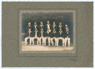&lsquo;Yorkshire County Cricket Team circa 1934/35&rsquo;. Excellent official mono photograph of the Yorkshire team seated and standing in rows wearing cricket attire and blazers. Players featured include Sellers (captain), Sutcliffe, Macauley, Leyland, Wood, Mitche