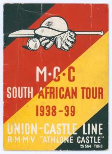 M.C.C. tour of South Africa 1938/39. Official Union Castle Line &lsquo;R.M.M.V. Athlone Castle&rsquo; brochure for the &lsquo;M.C.C. South African tour 1938/39&rsquo;. Pictorial colour front cover. With team detail, itinerary, player profile and pen pictures to inside pages. Ver
