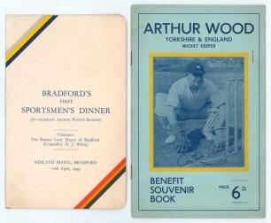 Hedley Verity. Yorkshire & England 1930-1939. &lsquo;Bradford&rsquo;s First Sporting Dinner (to celebrate Arthur Wood&rsquo;s Benefit&rsquo;. Official menu for the Dinner held for the wicket-keepers Benefit at The Midland Hotel, Bradford on the 17th April 1939. Yorkshire rose im