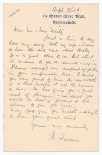 Wilfred Rhodes. Yorkshire & England 1898-1930. &lsquo;Death of Hedley Verity, Yorkshire & England in Italy, 31st July 1943&rsquo;. Handwritten letter of condolence from Rhodes to Mr and Mrs Verity on &lsquo;24 March Grove Road, Huddersfield&rsquo; headed paper by Rhodes on the 2