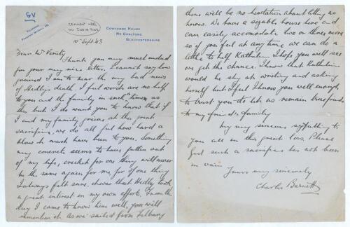 Charles John Barnett. Gloucestershire & England 1927-1948. &lsquo;Death of Hedley Verity, Yorkshire & England in Italy, 31st July 1943&rsquo;. Four page handwritten letter of condolence from Barnett to Mr Verity on &lsquo;Cowcombe House, Chalford, Gloucestershire&rsquo; headed 