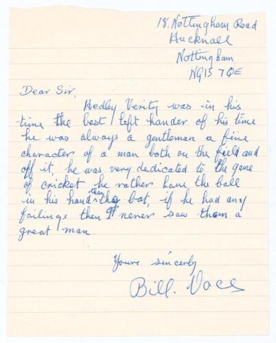 William &lsquo;Bill&rsquo; Voce. Nottinghamshire & England 1927-1952. One page handwritten letter on lined paper from Voce to Alan Hill, Verity&rsquo;s biographer. Voce is responding to Hill&rsquo;s request for his thoughts on Verity. Voce&rsquo;s reply written from his home in Huckna