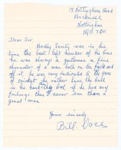 William &lsquo;Bill&rsquo; Voce. Nottinghamshire & England 1927-1952. One page handwritten letter on lined paper from Voce to Alan Hill, Verity&rsquo;s biographer. Voce is responding to Hill&rsquo;s request for his thoughts on Verity. Voce&rsquo;s reply written from his home in Huckna