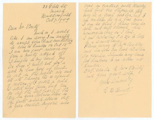 George Herbert Hirst. Yorkshire & England 1891-1929. &lsquo;Death of Hedley Verity, Yorkshire & England in Italy, 31st July 1943&rsquo;. Two page handwritten letter from Hirst writing from 33 Glebe Street, Huddersfield to Mr Verity on the 7th October 1944. &lsquo;Much as I