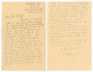 George Herbert Hirst. Yorkshire & England 1891-1929. &lsquo;Death of Hedley Verity, Yorkshire & England in Italy, 31st July 1943&rsquo;. Two page handwritten letter from Hirst writing from 33 Glebe Street, Huddersfield to Mr Verity on the 7th October 1944. &lsquo;Much as I
