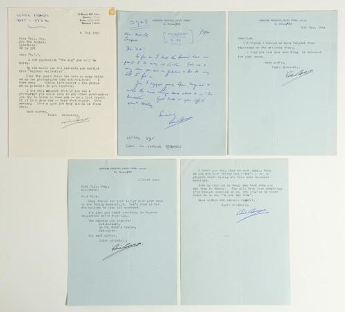 William Eric &lsquo;Bill&rsquo; Bowes. Yorkshire & England 1929-1947. Selection of five handwritten letters to Alan Hill, Verity&rsquo;s biographer regarding the preparation and publication of Hill&rsquo;s book on Verity. The letters date from March 1984 to March 1986. In the fi