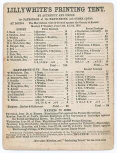 M.C.C. Club & Ground v Sussex 1855. Early original double sided scorecard for the match played at Lord&rsquo;s 11th & 12th June 1855 with complete printed scores. Sussex (104 & 94) beat M.C.C. (88 & 94) by 16 runs. Henry Royston took eight wickets for M.C.C. in