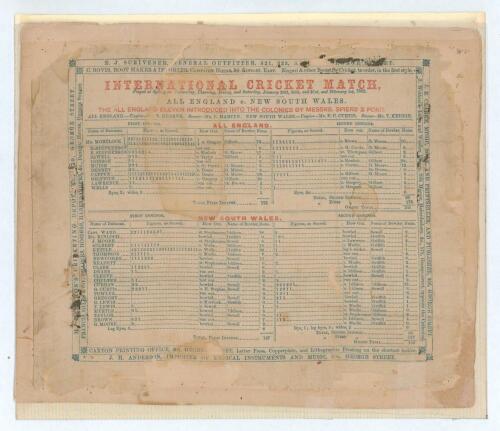 H.H. Stephenson&rsquo;s tour of Australia 1861/62. &lsquo;International Cricket Match. New South Wales v All England, played at the Domain, Sydney on Wednesday, Thursday, Friday and Saturday, January 29th, 30th and 31st, and February 1st 1862. The All England Eleven 