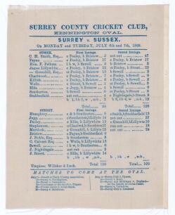 &lsquo;Surrey v. Sussex&rsquo;. Pooley&rsquo;s record 1868. Early original silk scorecard produced to commemorate Ted Pooley&rsquo;s achievement of the record number of twelve dismissals in a match by a wicket-keeper, taking eight catches and four stumpings at Kennington Oval 6t