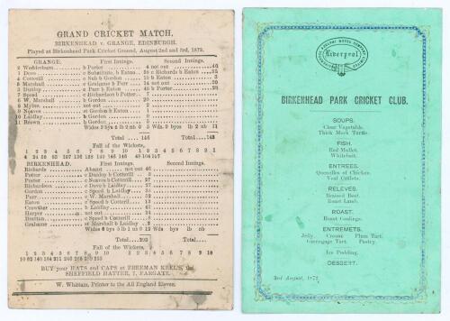 Birkenhead v Grange, Edinburgh 1872. Official scorecard for the match played at Birkenhead Park ground on the 2nd and 3rd August 1872. Wear, folds and odd ink spot to scorecard otherwise in good condition. Sold with a menu for the Dinner held after the m