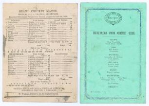 Birkenhead v Grange, Edinburgh 1872. Official scorecard for the match played at Birkenhead Park ground on the 2nd and 3rd August 1872. Wear, folds and odd ink spot to scorecard otherwise in good condition. Sold with a menu for the Dinner held after the m