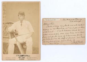 Sir Joseph Montagu Cotterill. Sussex 1870-1888. Sepia cabinet card photograph of Cotterill in cricket attire wearing cap and dressed to bat with pads and gloves on and bat in hand. The photograph by Russell & Sons of Chichester. Ink handwritten name, date