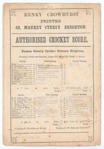 Sussex v Surrey 1873. Early original double sided &lsquo;Authorised Cricket Score&rsquo; card with complete printed and (mainly) handwritten scores in pencil for the match played at Brighton 21st- 23rd August 1873. Surrey (187 & 81/0) drew with Sussex (91 & 207). Hen
