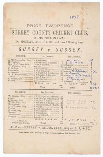 &lsquo;Surrey v. Sussex&rsquo; 1878. Early official single sided scorecard for the match played at Kennington Oval, 5th- 7th August 1878. The scorecard with complete printed and handwritten scores in ink and pencil. Batting first, Sussex made 185 (H. Whitfield 64), a