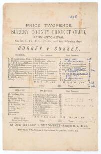 &lsquo;Surrey v. Sussex&rsquo; 1878. Early official single sided scorecard for the match played at Kennington Oval, 5th- 7th August 1878. The scorecard with complete printed and handwritten scores in ink and pencil. Batting first, Sussex made 185 (H. Whitfield 64), a