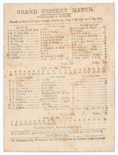 &lsquo;Yorkshire v. Sussex&rsquo; 1882. Early original single sided scorecard with complete printed scores for the match played at the Saville Cricket Ground, Dewsbury, 15th- 17th June 1882. In the first innings a weak Sussex side were bowled out for 104, F.F.J. Gree