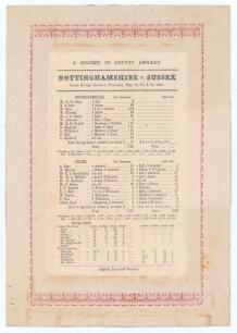 &lsquo;A Record in County Cricket. Nottinghamshire v. Sussex&rsquo; 1895. Early original single sided commemorative scorecard for the match played at Trent Bridge, 16th- 18th May 1895. The card, with decorative ornate maroon borders, shows Nottinghamshire&rsquo;s then reco