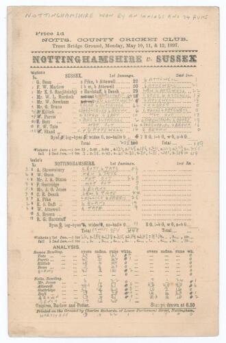 &lsquo;Nottinghamshire v. Sussex&rsquo; 1897. Early original double sided scorecard for the match played at Trent Bridge 10th- 12th May 1897 with complete printed and handwritten scores in pencil. Sussex (255 & 119) lost to Nottinghamshire (448/7 declared) by an inni