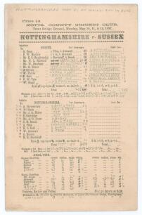 &lsquo;Nottinghamshire v. Sussex&rsquo; 1897. Early original double sided scorecard for the match played at Trent Bridge 10th- 12th May 1897 with complete printed and handwritten scores in pencil. Sussex (255 & 119) lost to Nottinghamshire (448/7 declared) by an inni