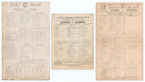 Sussex &lsquo;away&rsquo; scorecards 1897-1900. Three early official double sided scorecards for Sussex County matches, all with complete printed and/ or handwritten scores in pencil. Matches are v Middlesex at Lord&rsquo;s 12th- 14th August 1897 (Middlesex won by seven wi