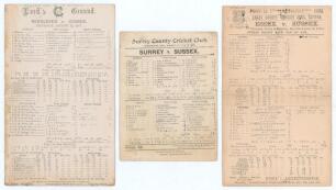 Sussex &lsquo;away&rsquo; scorecards 1897-1900. Three early official double sided scorecards for Sussex County matches, all with complete printed and/ or handwritten scores in pencil. Matches are v Middlesex at Lord&rsquo;s 12th- 14th August 1897 (Middlesex won by seven wi