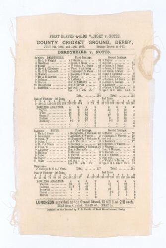 &lsquo;Derbyshire&rsquo;s first win over Nottinghamshire in a first-class match 1903&rsquo;. Silk scorecard of the match produced to commemorate the occasion printed by S.B. Smith of Derby on the ground. The low scoring match was played at Derby on the 9th to 11th July 190