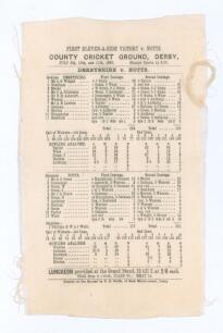 &lsquo;Derbyshire&rsquo;s first win over Nottinghamshire in a first-class match 1903&rsquo;. Silk scorecard of the match produced to commemorate the occasion printed by S.B. Smith of Derby on the ground. The low scoring match was played at Derby on the 9th to 11th July 190