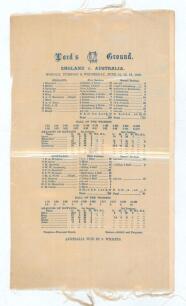 Australia tour to England 1909. &lsquo;England v. Australia&rsquo;. Second Test. Early original commemorative silk scorecard for the 2nd Test, played at Lord&rsquo;s, 14th- 16th June 1909. Australia won the Test by nine wickets. England batted first and made 269 all out, K