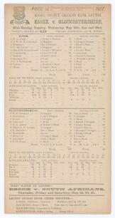 Essex C.C.C. 1907. Early original double sided scorecard for Essex v Gloucestershire, 20th- 22nd May 1907 with complete printed scores. Essex scored 233 (Charlie McGahey 96, Percy Ford 5/66) and 155 (Ford 6/52, eleven wickets in the match), Gloucestershir