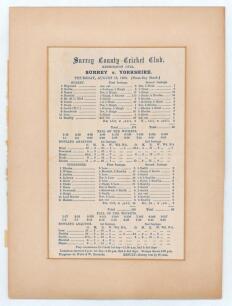 Surrey v Yorkshire 1909. Early original silk commemorative scorecard with complete printed scores for the remarkable match played at The Oval, 19th- 21st August 1909. Surrey batted first and made 273 all out, Marshal made 110 for Surrey, Haigh took 7-65, 