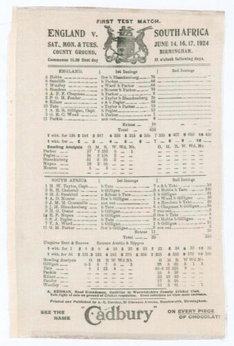 England v South Africa 1924. Original commemorative silk scorecard for the 1st Test played at Edgbaston, 14th- 17th June 1924. England were put in to bat and scored 438 with five batsmen scoring over fifty (Hobbs 76, Sutcliffe 64, Woolley 64, Hendren 74 a
