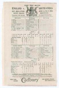 England v South Africa 1924. Original commemorative silk scorecard for the 1st Test played at Edgbaston, 14th- 17th June 1924. England were put in to bat and scored 438 with five batsmen scoring over fifty (Hobbs 76, Sutcliffe 64, Woolley 64, Hendren 74 a