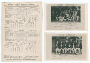 Australian tour to England 1926. Official double sided scorecard with complete handwritten scores in pencil for the tour match, Sussex v Australians at Hove, 28th- 31st August 1926. Printed on the ground by Crowhurst of Brighton. Local advertising to vers