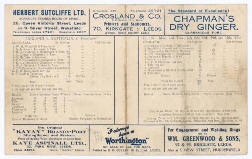 Don Bradman 334 record score. England v Australia, 3rd Ashes Test match, Headingley, Leeds, 11th- 15th July 1930. Original folding scorecard for the historic Test match where Don Bradman made the record Test score of 334. The scorecard with incomplete pri