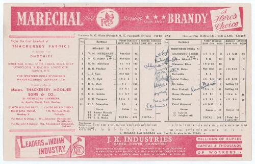 &lsquo;The Cricket Championship of India, for The Ranji Trophy 1944-45&rsquo;. Official folding scorecard for the tournament semi-final, Bombay v North India, played at the Brabourne Stadium, Bombay, 16th- 20th February 1945. The scorecard with printed scores complet