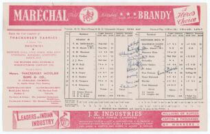 &lsquo;The Cricket Championship of India, for The Ranji Trophy 1944-45&rsquo;. Official folding scorecard for the tournament semi-final, Bombay v North India, played at the Brabourne Stadium, Bombay, 16th- 20th February 1945. The scorecard with printed scores complet