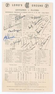 Gentlemen v Players 1950. Official double sided scorecard for the match played at Lord&rsquo;s 26th- 28th July 1950. The scorecard, with complete printed scores, is nicely signed in ink by all eleven member of the Gentlemen team. Signatures are Brown (Captain),