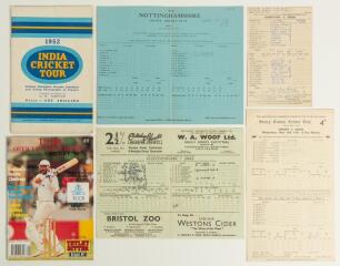 India tours to England 1952-1990. Four official scorecards for India tour matches played in 1952 and 1959. All four with incomplete handwritten scores in pencil or ink. Matches are v Nottinghamshire, Trent Bridge 1952, v Gloucestershire, Cheltenham 1952, 