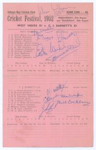 West Indies XI v. C.J. Barnett&rsquo;s XI. Colwyn Bay Cricket Festival 1952. Official double-sided scorecard for a match dated 27th & 28th August 1952 at Colwyn Bay. The players listed at start of play. Signed by ten players, five from each team. Signatures are