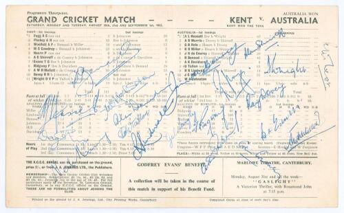 Kent v Australians 1953. Official scorecard for the tour match played at Canterbury on the 29th, 30th August, 1st September 1953, Signed to scorecard in ink by ten of the Australians and by nine of the Kent team who played in the game plus commentator Pet