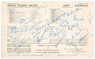 Kent v Australians 1953. Official scorecard for the tour match played at Canterbury on the 29th, 30th August, 1st September 1953, Signed to scorecard in ink by ten of the Australians and by nine of the Kent team who played in the game plus commentator Pet