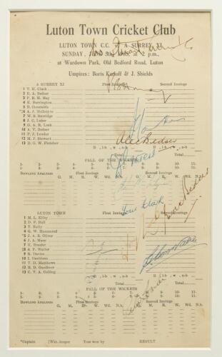 Surrey C.C.C. 1955. Official Luton Town Cricket Club printed scorecard for a match Luton Town C.C. v &lsquo;A Surrey XI&rsquo; played at Luton on 5th June 1955. The scorecard signed in ink to the front by thirteen Surrey players. Signatures include Surridge (Captain)