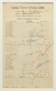 Surrey C.C.C. 1955. Official Luton Town Cricket Club printed scorecard for a match Luton Town C.C. v &lsquo;A Surrey XI&rsquo; played at Luton on 5th June 1955. The scorecard signed in ink to the front by thirteen Surrey players. Signatures include Surridge (Captain)